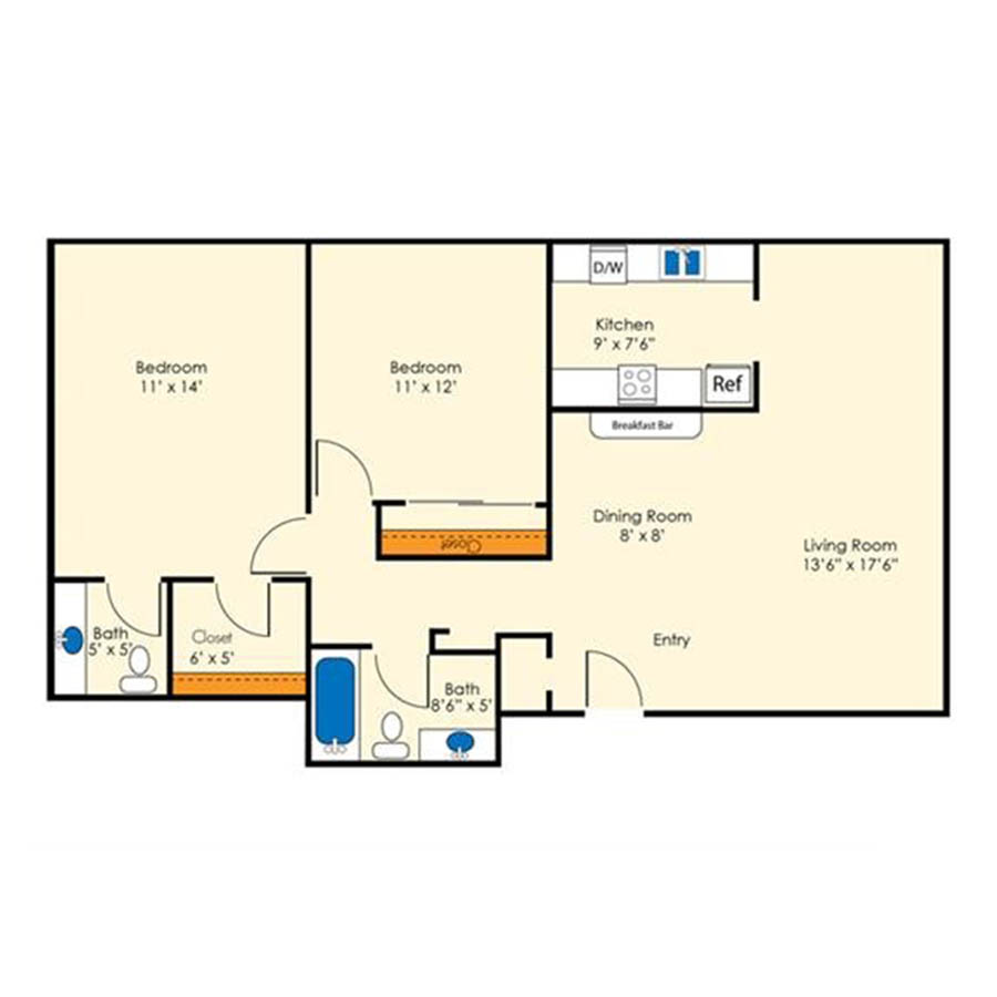 Rendering of the 2x1.5 897 SF Classic floor plan with 2 bedroom[s] and 2 bathroom[s] at Aura at Midtown