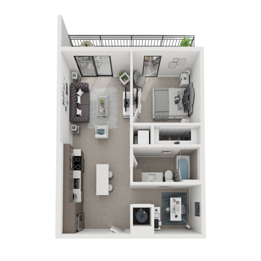 Rendering of the A18D floor plan with 1 bedroom[s] and 1 bathroom[s] at Arte Grand Central