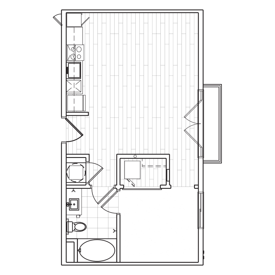 Rendering of the S4 floor plan with a Studio bedroom and 1 bathroom[s] at The Locale