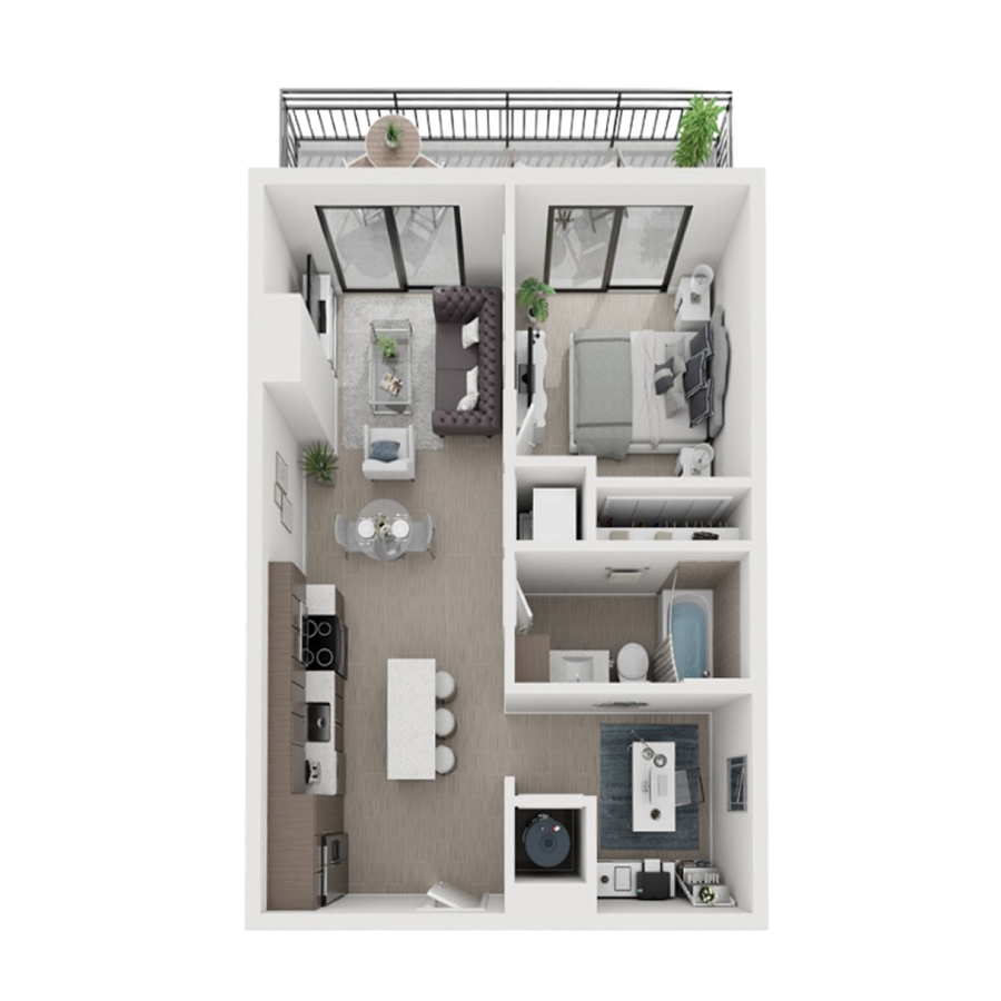 Rendering of the A12D floor plan with 1 bedroom[s] and 1 bathroom[s] at Arte Grand Central