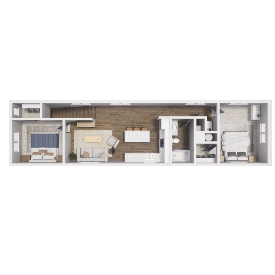 Rendering of the B2 floor plan with 2 bedroom[s] and 1 bathroom[s] at The Cottages at Woodmen Heights