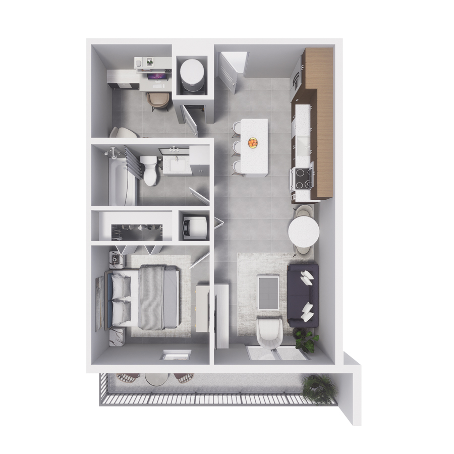 Rendering of the A17D floor plan with 1 bedroom[s] and 1 bathroom[s] at Arte Grand Central Overtown