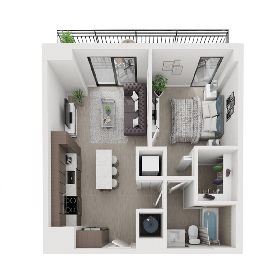 Rendering of the A7 floor plan with 1 bedroom[s] and 1 bathroom[s] at Arte Grand Central Overtown