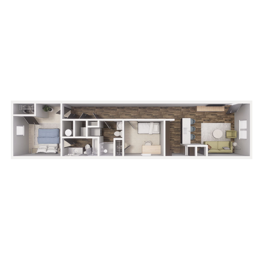 Rendering of the B3 floor plan with 2 bedroom[s] and 2 bathroom[s] at Cottages at Chapel Heights