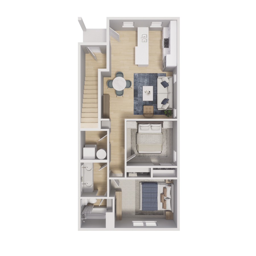 Rendering of the 2x2 - 780 sqft - B1 floor plan with 2 bedroom[s] and 2 bathroom[s] at Cottages at Aero Park