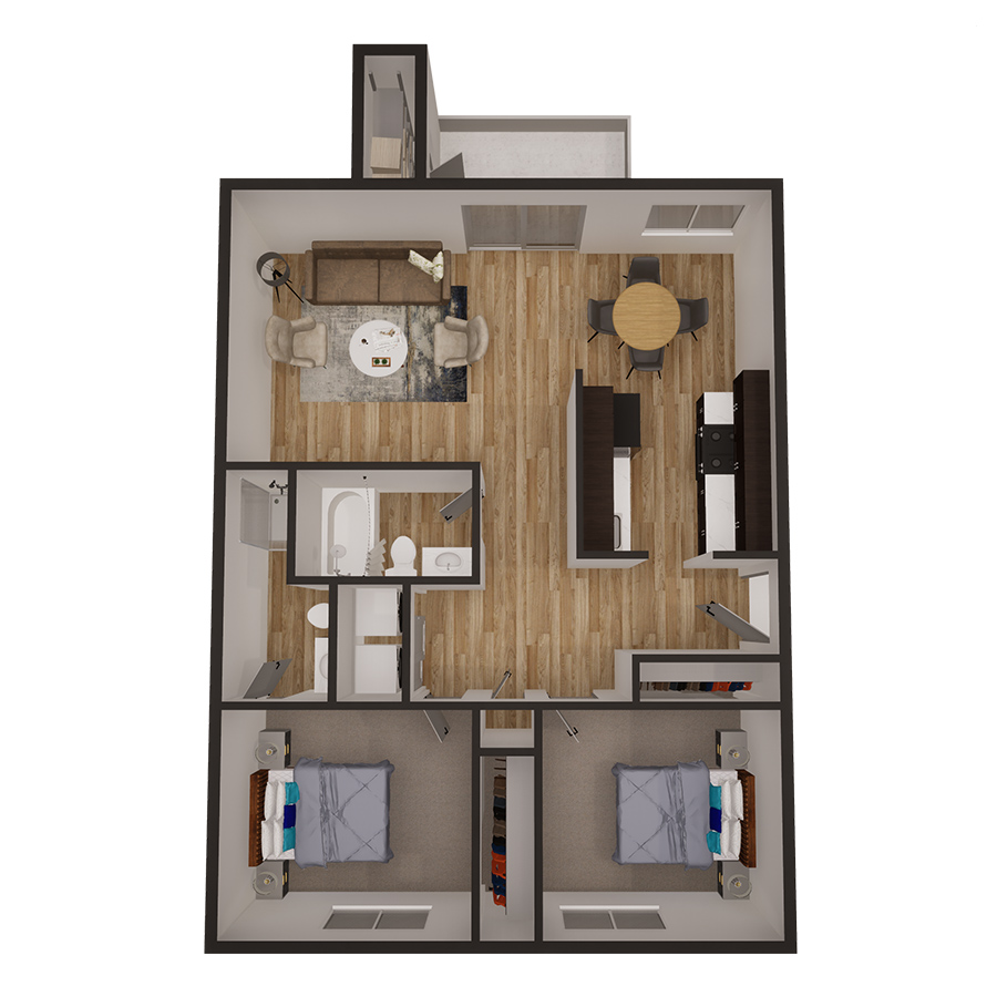 Rendering of the 2x2 910 sqft - Upgraded floor plan with 2 bedroom[s] and 2 bathroom[s] at Latitude