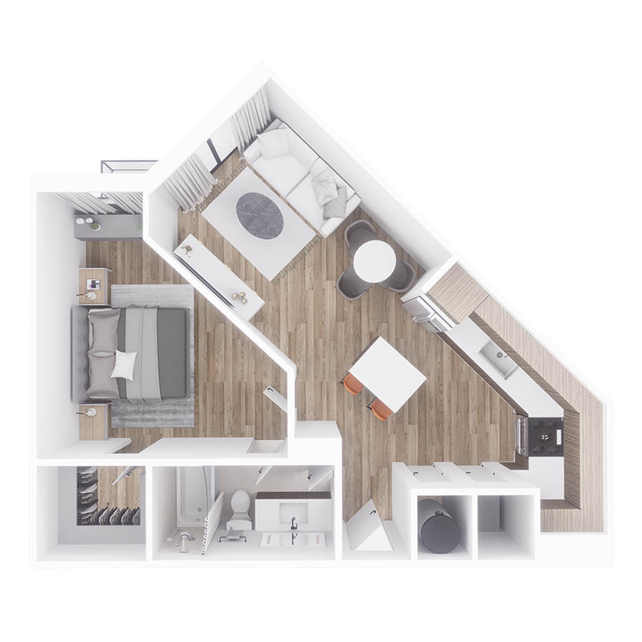 Rendering of the A2 floor plan with 1 bedroom[s] and 1 bathroom[s] at Sanctuary Doral