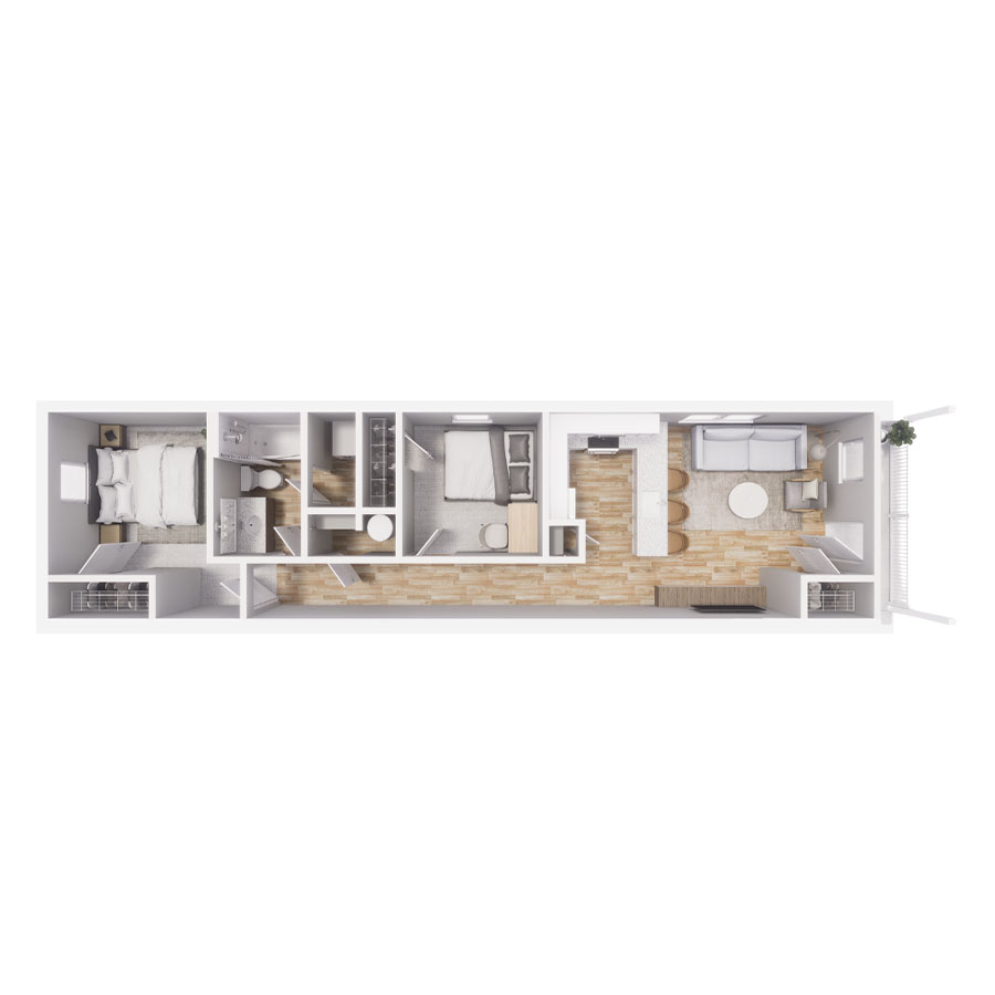 Rendering of the B1 floor plan with 2 bedroom[s] and 1 bathroom[s] at Cottages at Jetwing