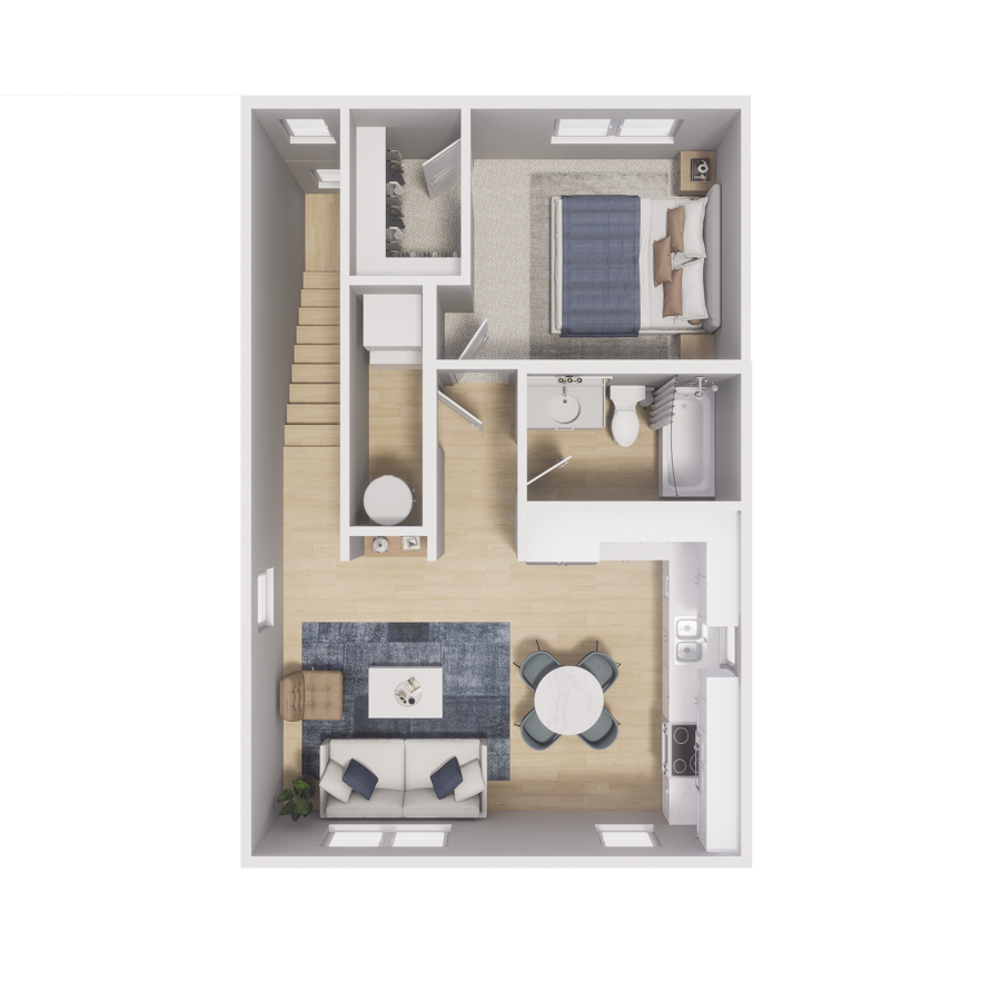 Rendering of the 1x1 - 626 sqft - A2 floor plan with 1 bedroom[s] and 1 bathroom[s] at Cottages at Aero Park