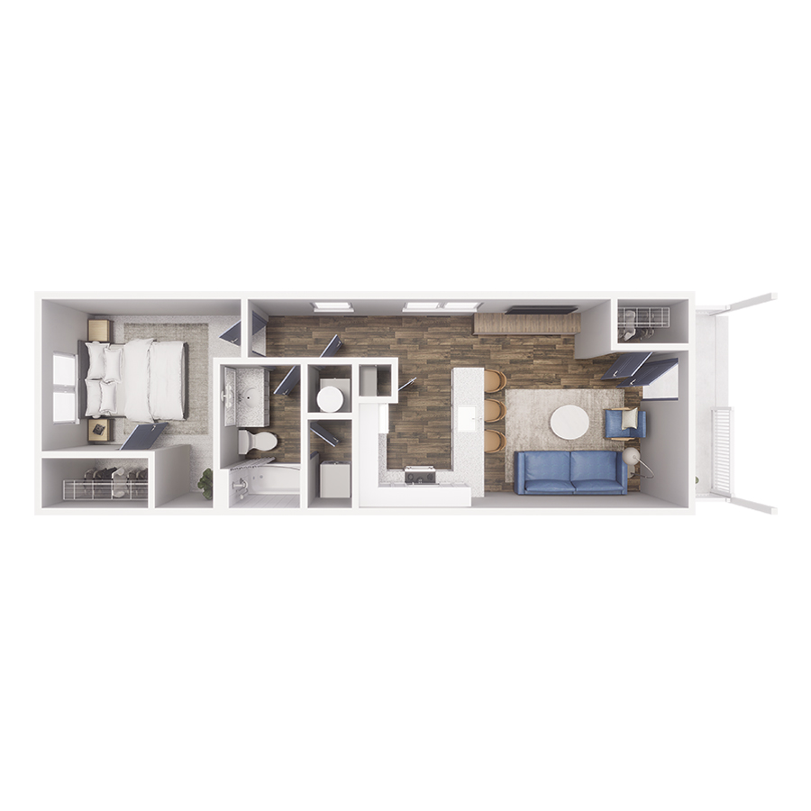 Rendering of the A1 floor plan with 1 bedroom[s] and 1 bathroom[s] at Cottages at Pike View