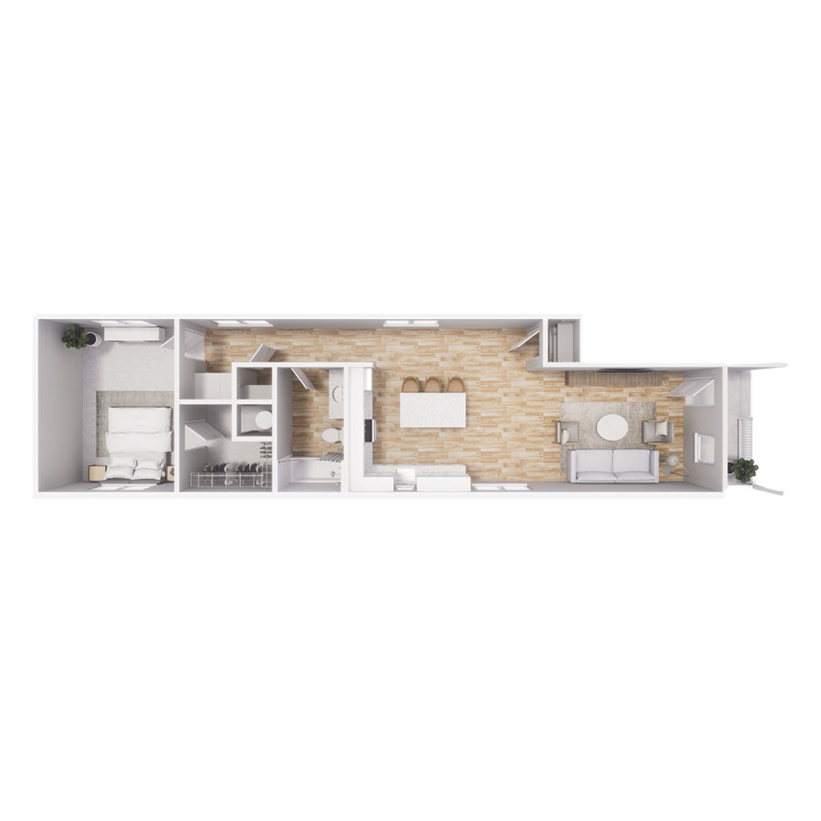 Rendering of the A3 floor plan with 1 bedroom[s] and 1 bathroom[s] at Cottages at Jetwing
