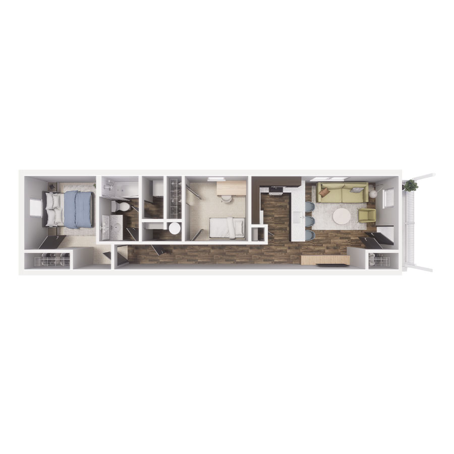 Rendering of the B1 floor plan with 2 bedroom[s] and 1 bathroom[s] at Cottages at Chapel Heights