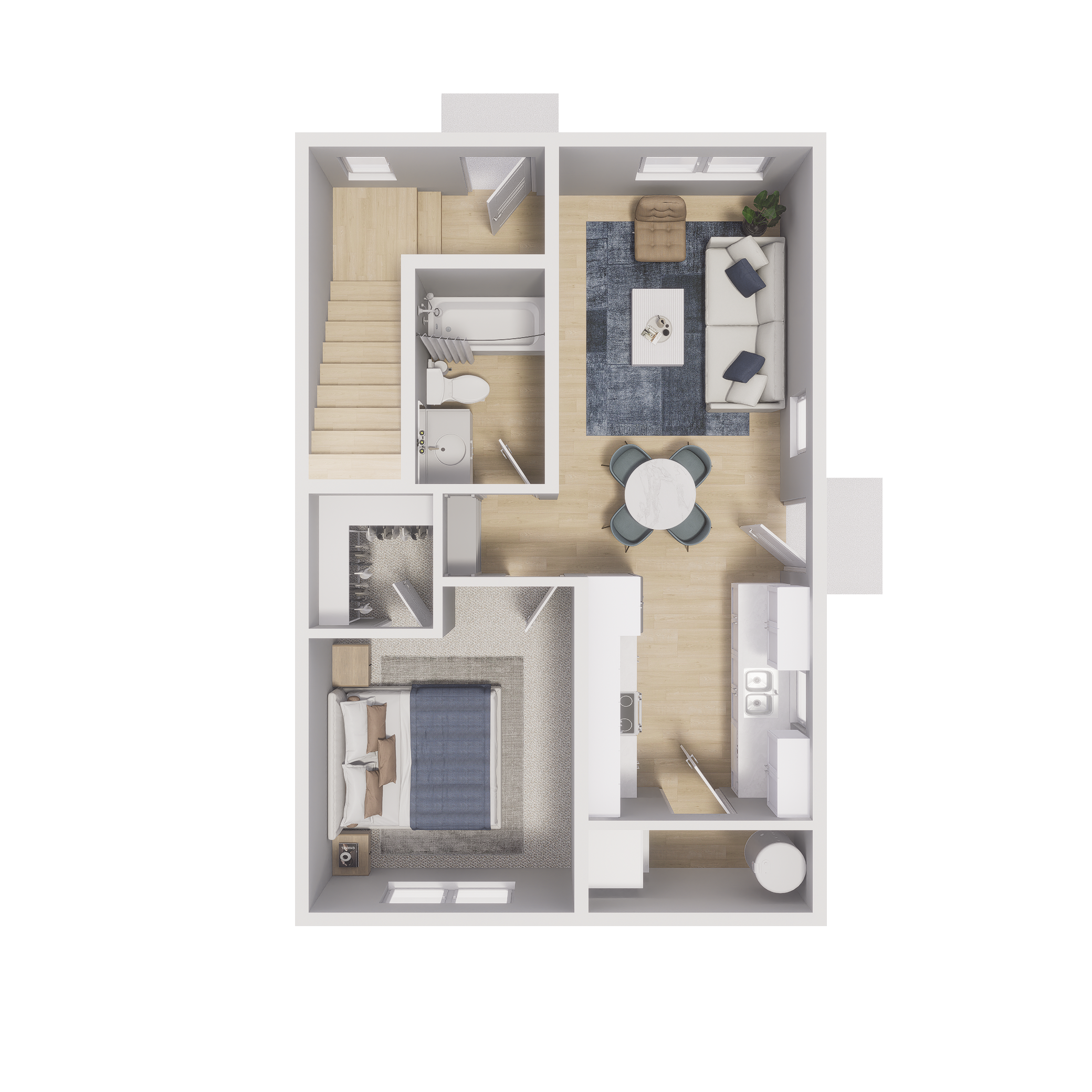 Rendering of the 1x1 - 576 sqft - A3 floor plan with 1 bedroom[s] and 1 bathroom[s] at Cottages at Aero Park