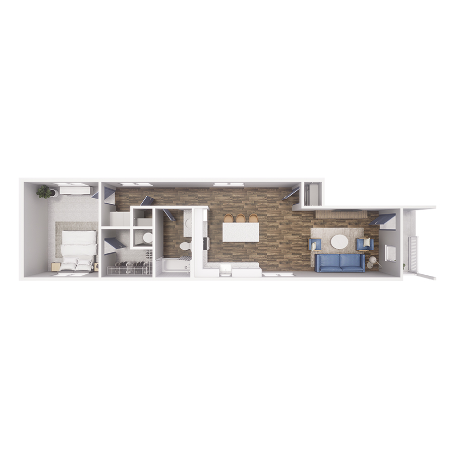 Rendering of the A3 floor plan with 1 bedroom[s] and 1 bathroom[s] at Cottages at Pike View