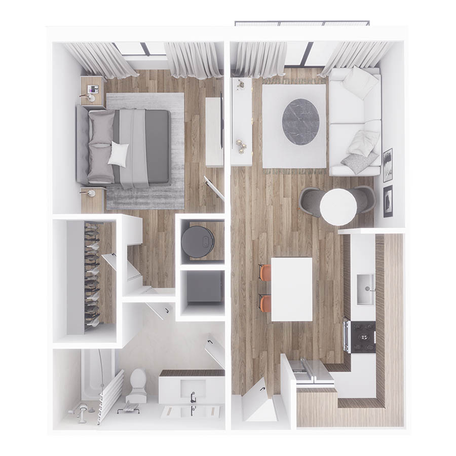 Rendering of the A1 floor plan with 1 bedroom[s] and 1 bathroom[s] at Sanctuary Doral