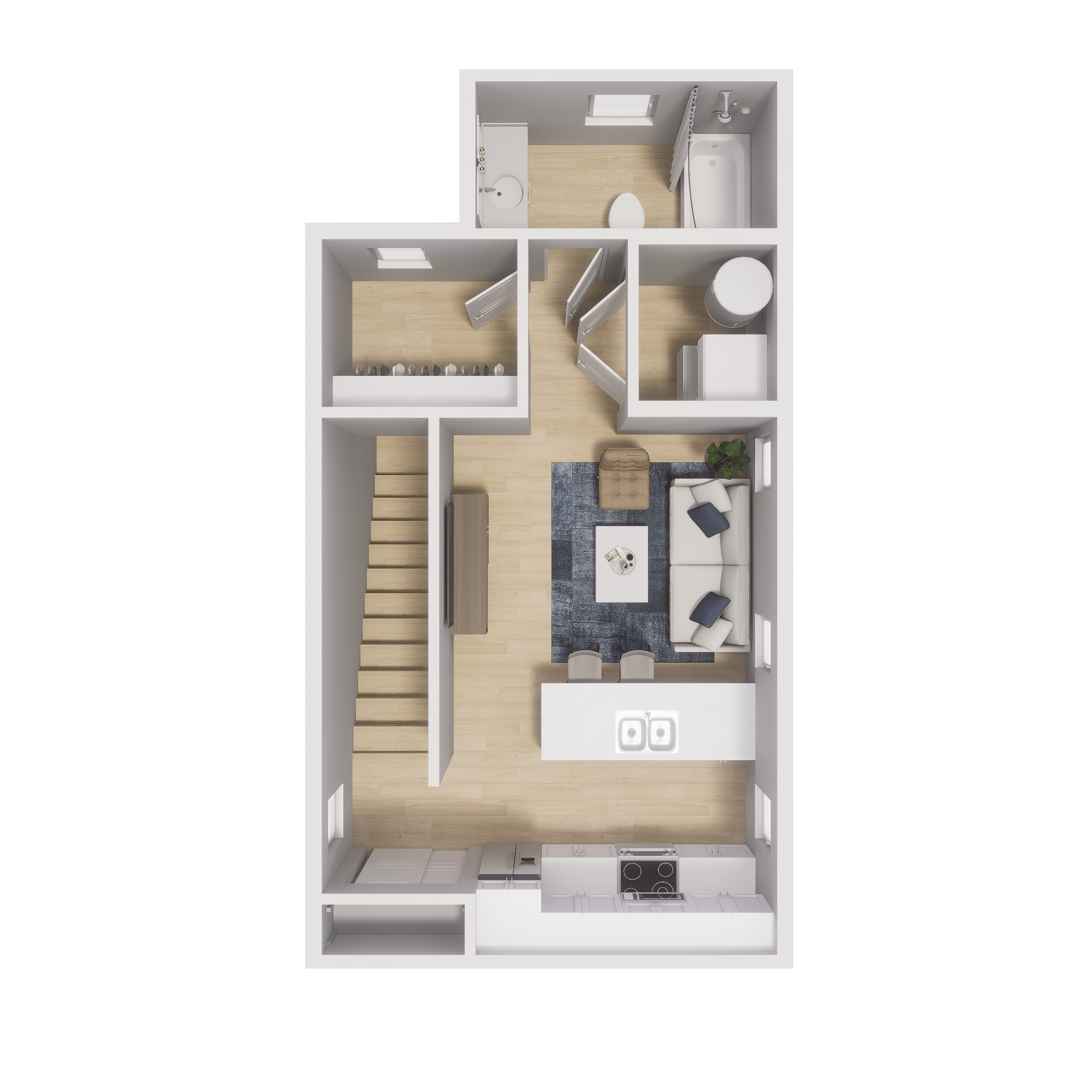Rendering of the 0x1 - 485 sqft - S2 floor plan with a Studio bedroom and 1 bathroom[s] at Cottages at Aero Park