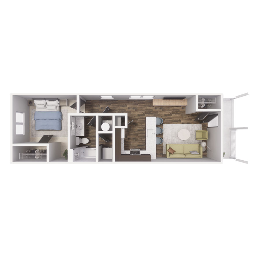 Rendering of the A1 floor plan with 1 bedroom[s] and 1 bathroom[s] at Cottages at Chapel Heights