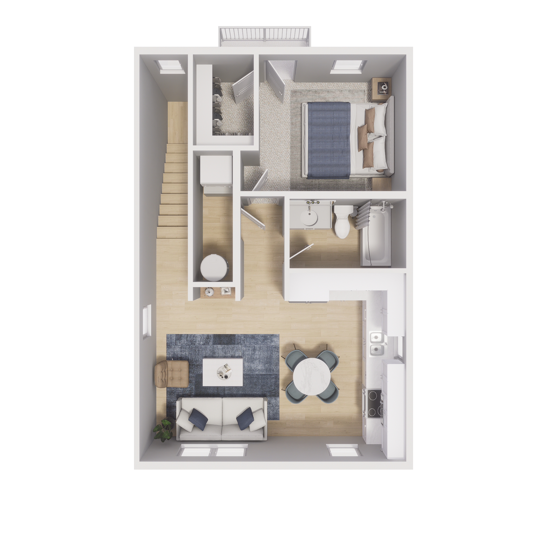 Rendering of the 1x1 - 624 sqft - A4 floor plan with 1 bedroom[s] and 1 bathroom[s] at Cottages at Aero Park